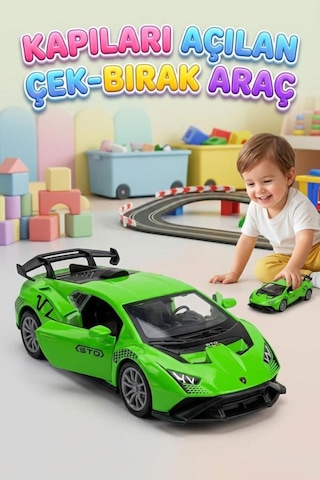 Çek-bırak Mekanizmalı 12cm Süper Sport Model Kapıları Açılabilir Metal Oyuncak Yarış Arabası Yeşil