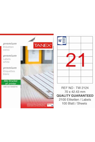 Tanex Tw-2124 70X42.43 MM Laser Etiket 100 Ad. Tanex Tw-2124 70X42.43 MM Laser Etiket 100 Ad.