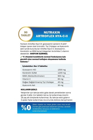 Tr Artroflex Hya-c-ıı, Hyaluronik Asit, Tip Iı Kolajen, Glukozamin, Kondroitin, Msm, Vitamin C, 90 Tablet