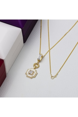 5mm Kare Zirkon Taşlı Beyaz Mineli Gold Rengi Gümüş Kadın Kolye Gold