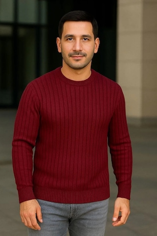 Erkek Bisiklet Yuvarlak Yaka Triko Kazak Pamuklu Kalın Fitilli Dokuma, Regular Fit Uzun Kollu Kışlık Bordo