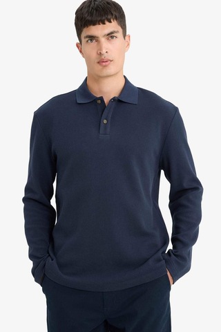 Defacto %100 Pamuk Regular Fit Polo Yaka Düğmeli Dokulu Sweatshirt E9627ax25aunv64 Lacivert