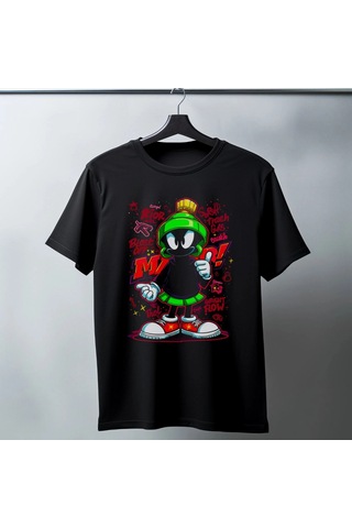 Freedom Store Marvin The Martian Graffiti Baskılı Unisex Siyah Tişört - 24/1 Penye Pamuklu
