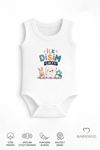 Babyden's Diş Buğdayı Body %100 Pamuk İlk Dişim Çıktı Baskılı Kolsuz Bebek Body Çıtçıtlı Unisex Yenidoğan Zıbın Beyaz