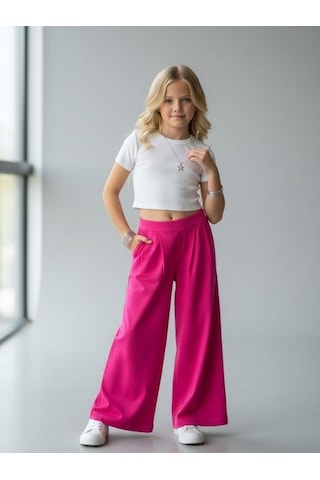 Zekids Kız Çocuk Bol Paça Rahat Kesim Pantolon-16900 Pembe