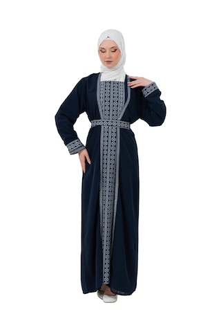 Zaytoon Nakışlı İç Elbiseli Ve Kemerli İki Parçalı Filistin Mirası Abaya Seti Lacivert