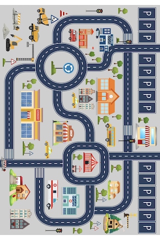 Dijital Baskılı Dekoratif Kaymaz Taban Yıkanabilir Trafik Parkı Temalı Modern Çocuk Halısı Gri
