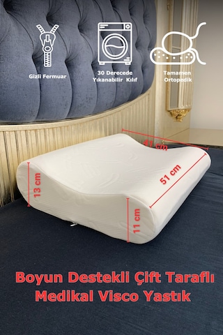 Rudu Medical/medikal, Boyun Destekli Çift Taraflı Ortopedik Visco Visko Yastık 51x41x13-11cm 1250gr Beyaz