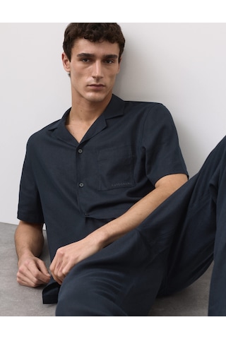 Marks & Spencer Keten Karışımlı Pijama Üstü T07001351a Lacivert