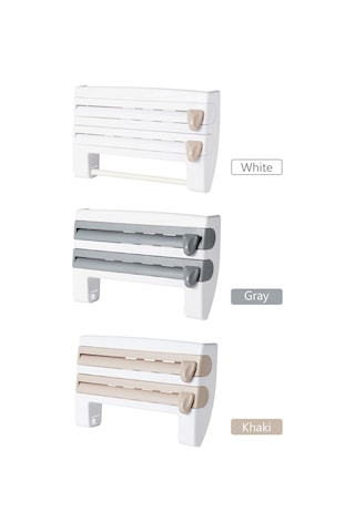 3'ü 1 Arada Mutfak Depolama Rafı Plastik Sarma Folyo Dispenseri Film Depolama Rafı Kesici Kağıt Havlu Tutucu Rulo Kağıt Havlu Rafı Gümüş