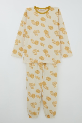 Breeze Kız Çocuk Pijama Takımı Tropik Yaprak Desenli 4-8 Yaş, Krem