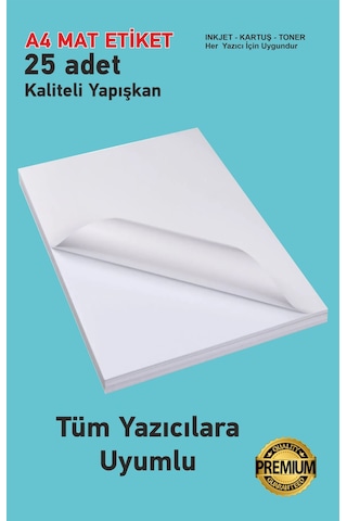 25 Adet Yapışkanlı Mat A4 Etiket Kartuşlu Mürekkepli Tüm Yazıcıla