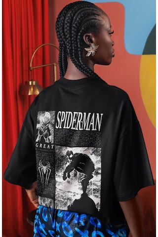 Spider-man Örümcek Adam Süper Kahraman Sırt Baskılı Unisex Oversi Siyah