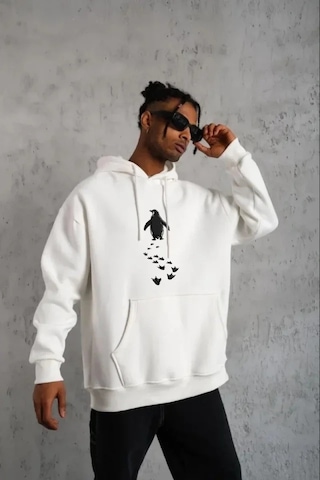Vexor Erkek Nihilist Penguen Temalı Oversize Kapüşonlu Sweatshirt - Beyaz