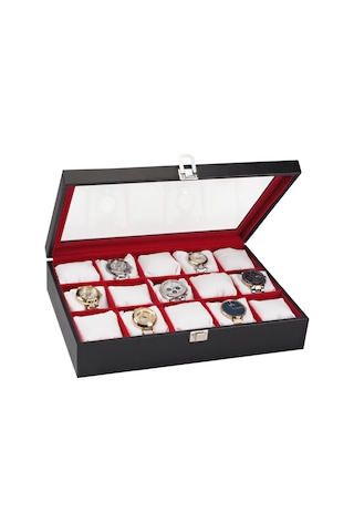 Chavin 15li Siyah Deri Lüx Seri Ahşap Camlı Saat Kutusu st15-49