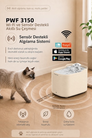 Pwf 3150 Petmate Flowsense Pro - Wi-fi Ve Sensörlü Akıllı Otomatik Kedi Köpek Su Çeşmesi 2,5 L Paslanmaz Çelik - Bpa İçermez - Krem
