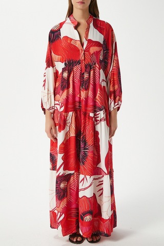 Modest Kadın Catina Kırmızı Çiçekli %100 Viskon Maksi Boy Yazlık Elbise Kırmızımercanekru Çok Renkli