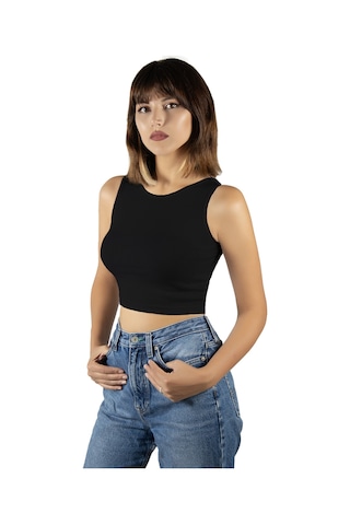 Siyah Fitted/vücuda Oturan Crop Halter Yaka Fitilli Esnek Örme Bluz Atlet Siyah