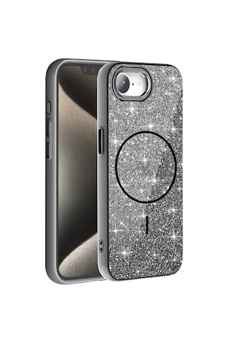 Apple Uyumlu iPhone 17e Kılıf M-safe Şarj Özellikli Parlayan Simli Zore Okso Kapak - Siyah