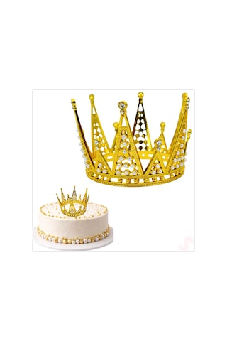 İncili Ve Taşlı Plastik, Pasta Süsleme Tacı 10,5 Cm X 8 Cm - Altın