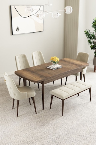 Clara Barok Desen 80x132 Açılabilir Mdf Masa Yemek Odası Takımı,mutfak Takımı 4 Sandalye 1 Bench Krem
