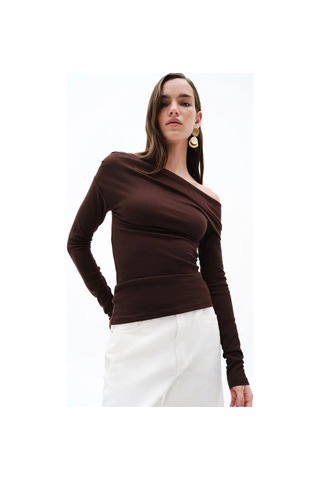 Seeh Kahverengi Kadın Off Shoulder Uzun Kollu Bluz Sh327