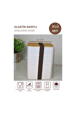 Zebra 3'lü Bambu Kapaklı Lunch Box 1 Lt + 2x 0,50 Lt- Kare Lastikli Saklama Kabı Seti Krem