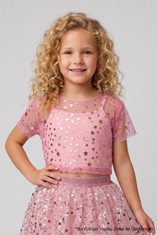 Le Mabelle Pembe Yıldız Baskılı Kısa Kollu Kız Çocuk Tül Crop Pembe