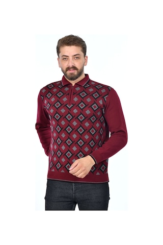 Kamalı Erkek Çelik Örgü Gömlek Yaka Fermuarlı Polo Yakalı Kazayağı Tüylenmeyen Triko Kışlık Baba Kazak Bordo