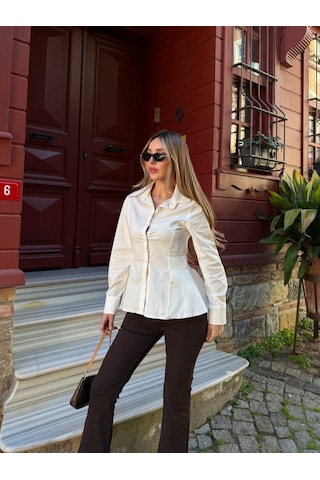 Laluvia Ekru Belden Oturtmalı Poplin Gömlek - 1616 Ekru