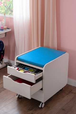 Creo Mobili Çekmeceli Tekerlekli Sirius Keson, Oturulabilir Ofis Ve Ev Komodini, Ekru/mavi