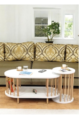 İkili Set Orta Sehpa Ahşap Ayaklı Sehpa İki Raflı Sehpa Dekoratif Sehpa Gazetelikli Beyaz - Beyaz