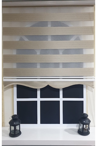 Zebra Stor Perde Organze Koyu Bej Gümüş Simli Etek Dilimli Stb910