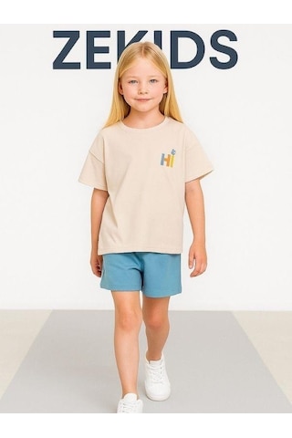 Kız Çocuk Pamuklu Hi-hey Yazılı Şortlu Takım-15884 Taş