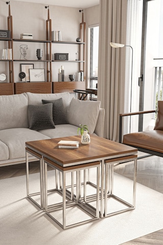 Lizbon 4+1 Kare Sehpa Takımı Gümüş Metal - Barok Tabla