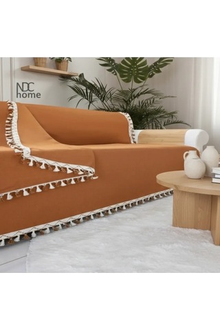 Premium Keten Tarçın Tarçın Ponponlu Koltuk Örtüsü 170 X 220 Tarçın
