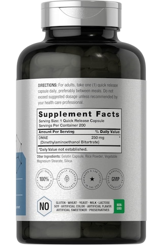 Horbaach Dmae Dimethylaminoethanol Bitartrate 250 Mg 200 Caps Aromasız