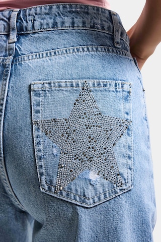 it's basic Kadın Mavi T1-12s6-99 Straight Fit Parlak Yıldız Taşlı Özel Tasarım Denim Jean
