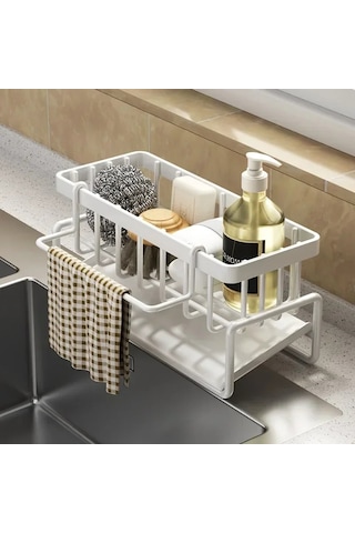 Çok Fonksiyonlu Sünger Raf Süzgeç Mutfak Rafı Lavabo Bez Bulaşık Beyaz
