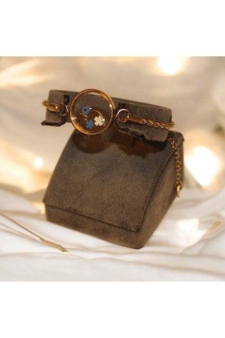 Çiçek Ve Kalpli Yonca Detaylı Çelik Bileklik 17 Cm Zincirli Kararmaz Gold Çiçek Bileklik Gold