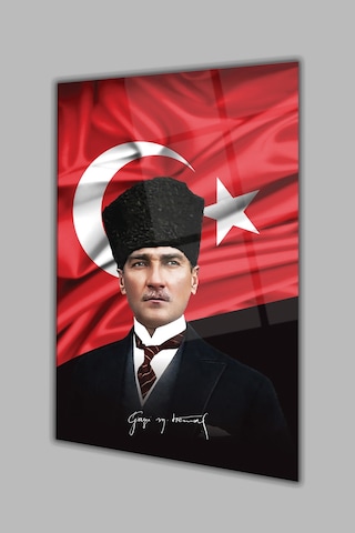 Atatürk Portre Ve Türk Bayrağı Dikey Cam Tablo, Modern Duvar Dekoru , Kurum Ofis İş Hediyelik Tablo