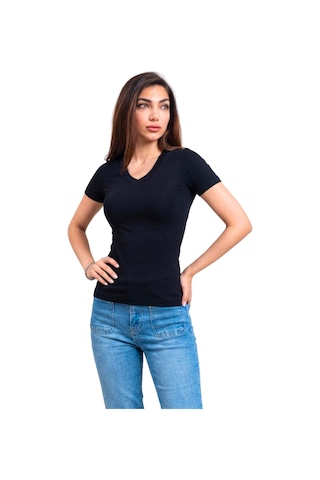 Thiff Kadın Ribana Buzy V Yaka T-shirt Tişört Siyah