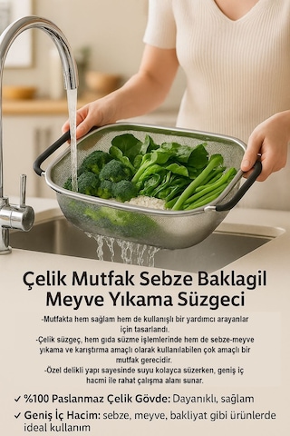 Çelik Mutfak Sebze Bakla Pirinç Meyve Yıkama Süzgeci Mt114 Gümüş