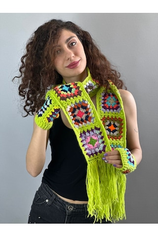 Gönülden Tasarım El Örgüsü Etnik Motif Desenli Atkı Eldiven Set Atkı 180 Cm Fıstıkyeşil