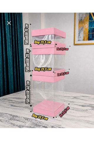 Asetat Gelin Çeyiz Bohça Kutusu Toz Pembe 3'lü Set 1 Takım Şeffaf Katlanabilir Demonte Söz Nişan Hediyelik Büyük 23,5 23,5 40cm Orta 23,5 23,5 25cm Küçük 23,5 23,5 15cm