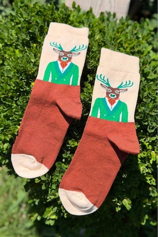 Lousocks Unisex Geyik Desenli Renkli Soket Çorap Bej