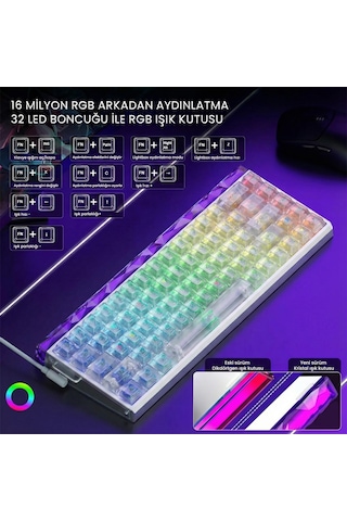 Aula Hero 68 He Manyetik Klavye Rapid Trigger Silver Switch 8000hz Rgb Neon Tkl Hot Swap Oyuncu Klavyesi Şeffaf