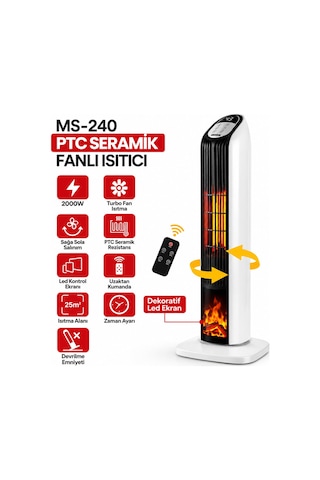 Kumandalı Sıcak Dik Ptc Seramik Fanlı Isıtıcı Led Kontrol Ekran - Devrilme Emniyet 2000w Ms-240 5728