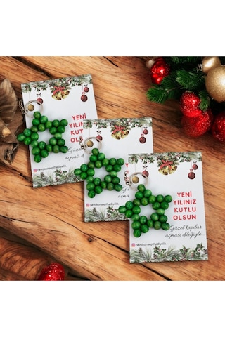 Yılbaşı-yeni Yıl Hediyesi Yeşil Ahşap Boncuk Yıldız Anahtarlık 5 Adet