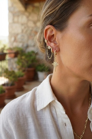 Bay 3 Lü Set Küpe Gold Renk Zincir Detaylı Najmaddin Standart